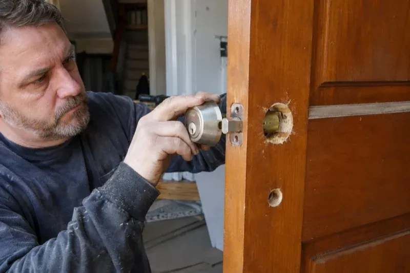 Person holding a silver-colored lock beside an open wooden door with exposed circular holes and a latch at its edge. — Deadbolt Installation, Toronto