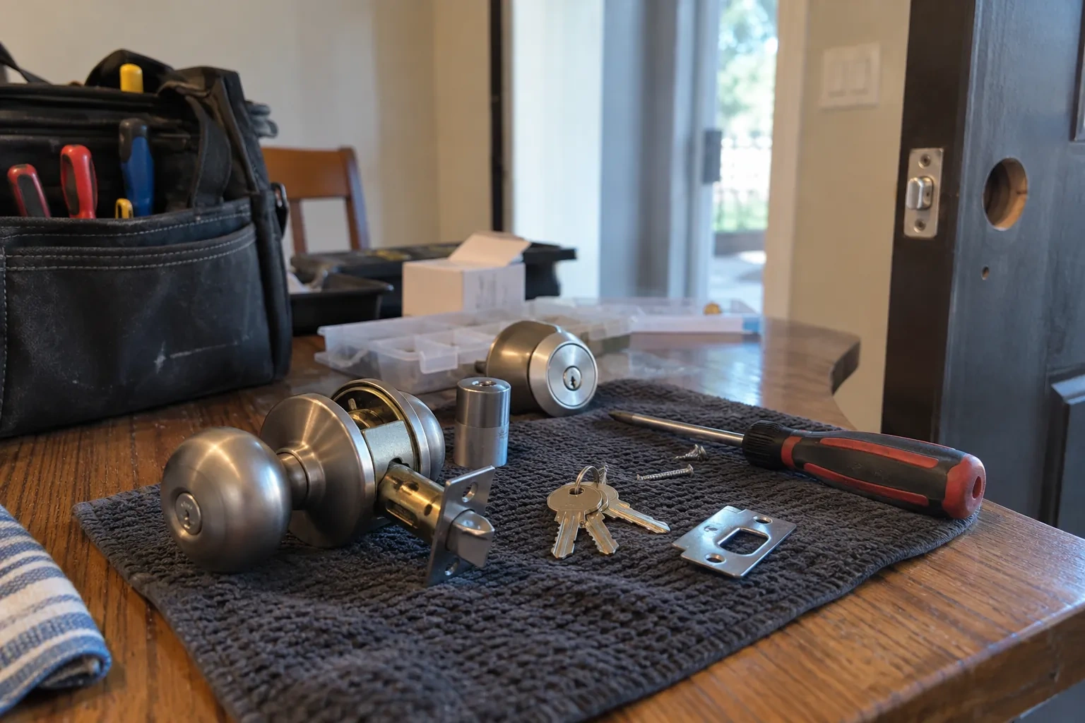 Taken-apart steel door knob, deadbolt, three keys, strike plate and screwdriver on a dark towel, with an open tool bag behind.