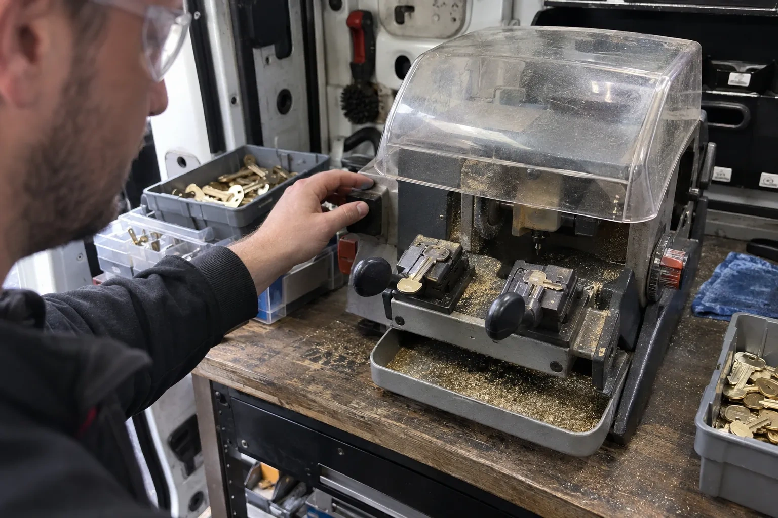 Person in safety glasses reaching for a key-cutting machine with a clear cover, beside trays of brass key blanks. — Spare Car Key Duplication, Toronto