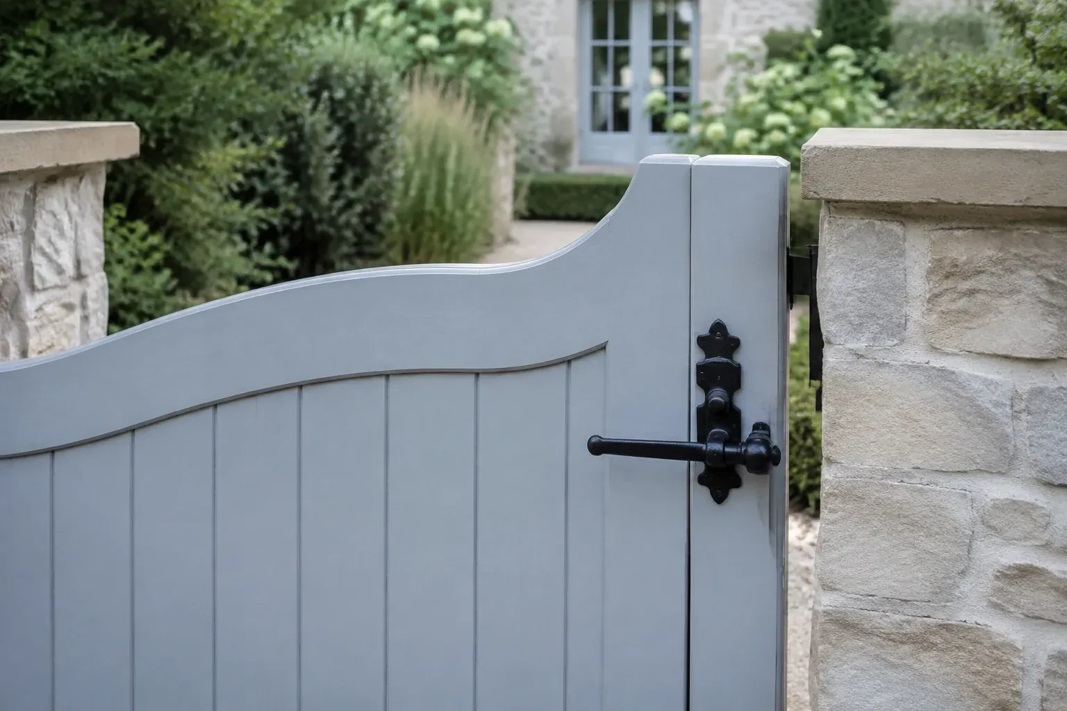 Pale blue garden gate with a black lever latch between light stone pillars. — Gate & Building Entry Locks, Toronto
