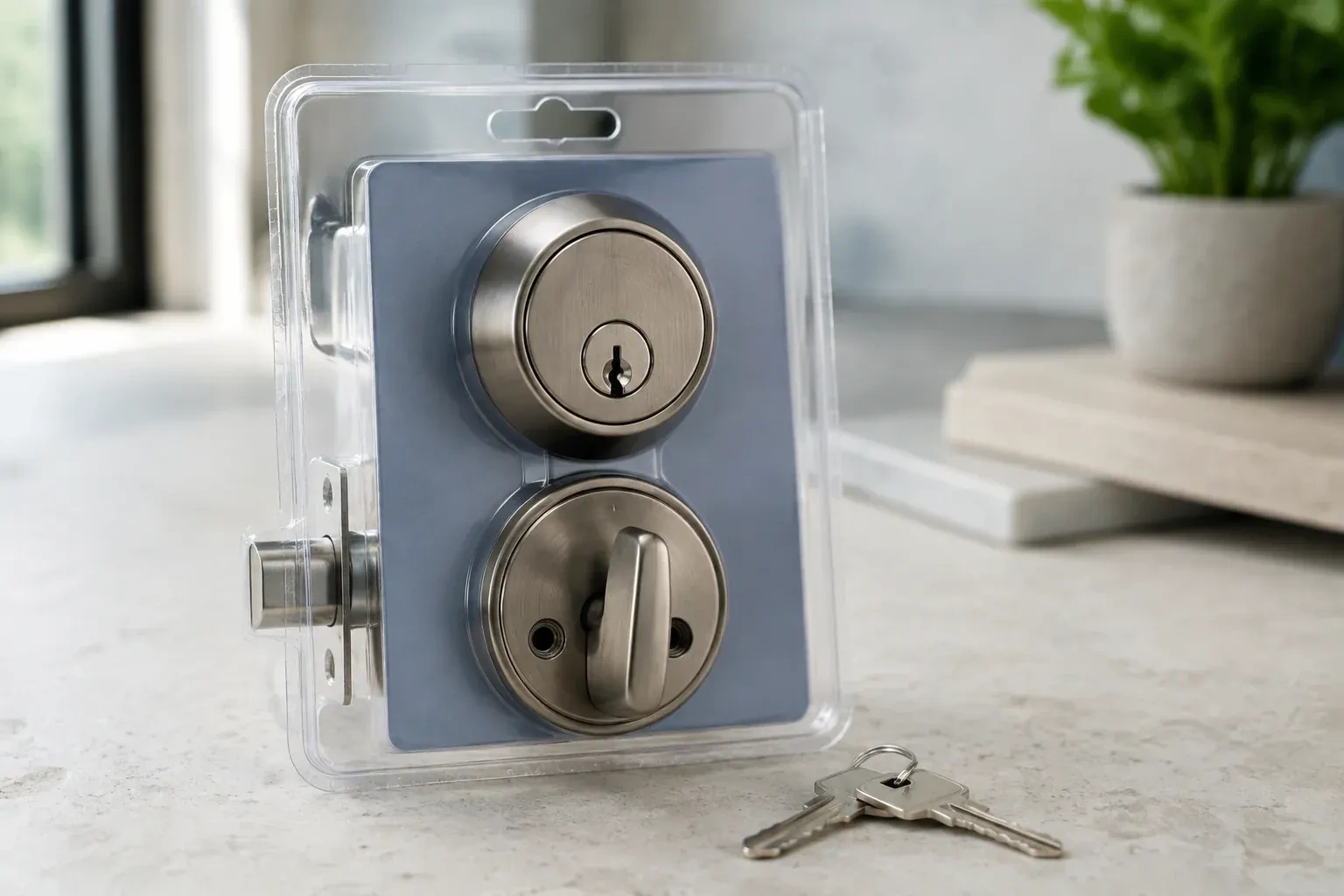 A silver-colored deadbolt set in clear packaging with two keys resting on the countertop in front. — Lock Rekeying, Toronto
