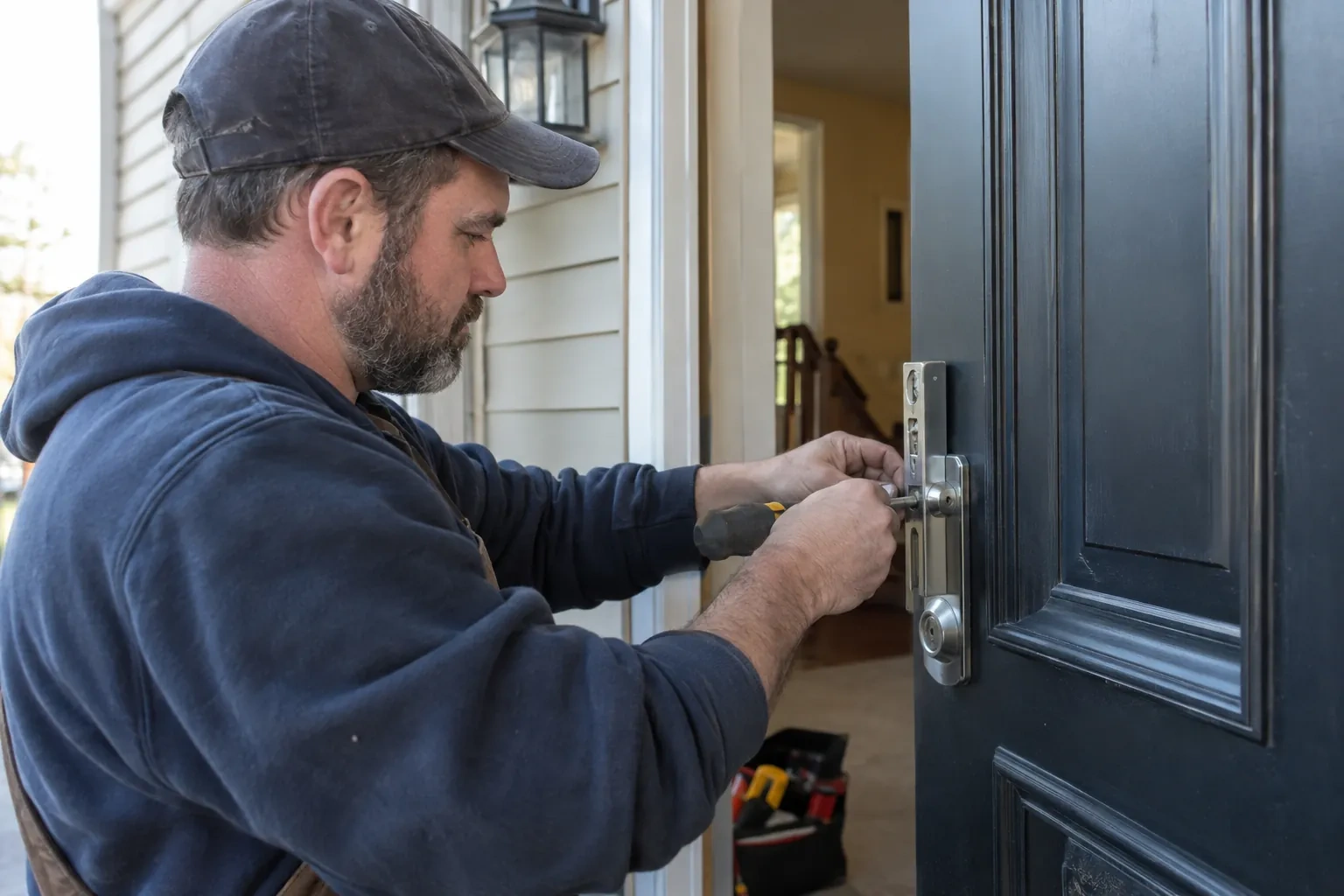 Technician in a cap working a screwdriver at a steel lock plate on a navy door, with an open tool bag behind. — Cliffcrest