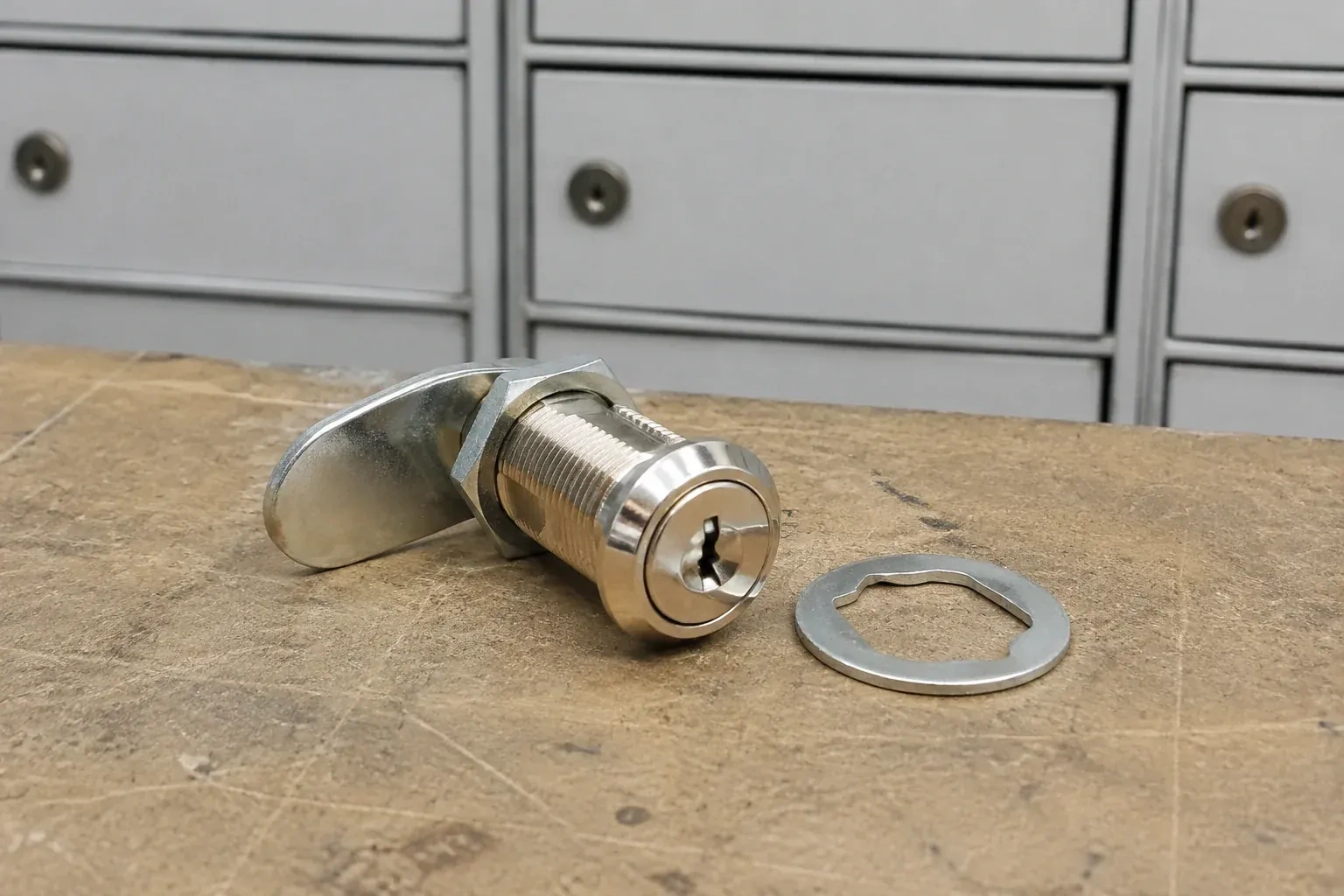 Detached threaded cam lock and mounting washer on a workbench in front of closed mail compartments. — Mailbox Lock Replacement, Toronto